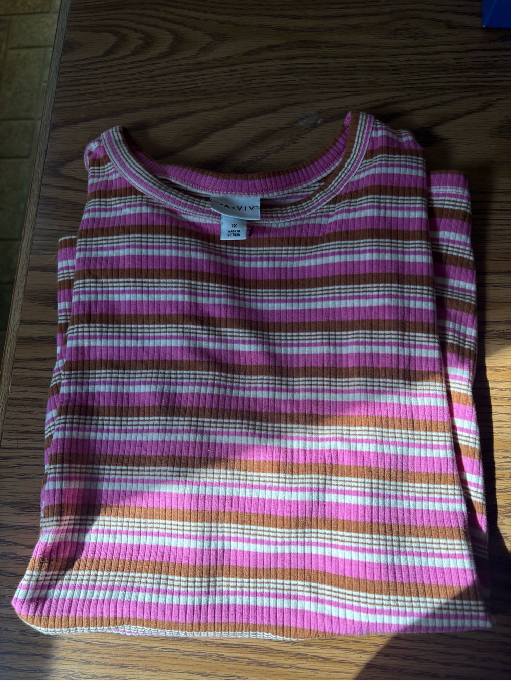 a new day Pink, Brown & Cream Striped Ribbed Top